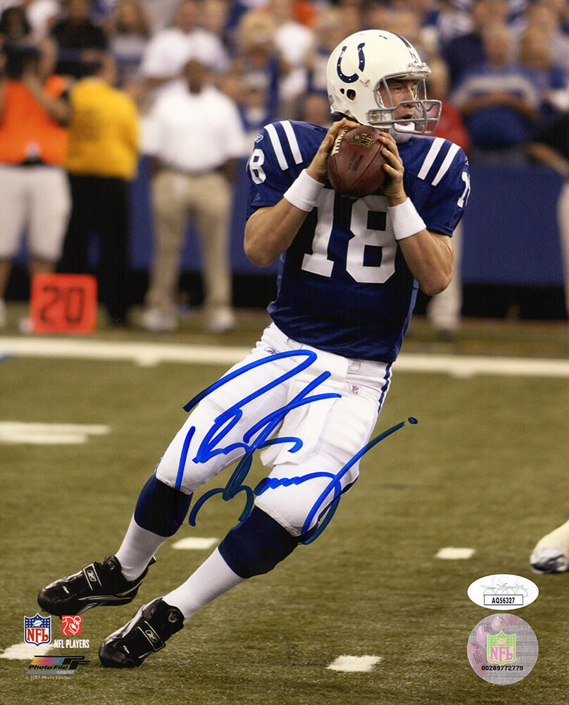 Peyton Manning Signed Indianapolis Colts Blue Jersey Drop Back Action 8x10 Photo - (JSA COA) - MAN08P317 - Peyton Manning Signed Indianapolis Colts Blue Jersey Drop Back Action 8x10 Photo - (JSA COA) product image