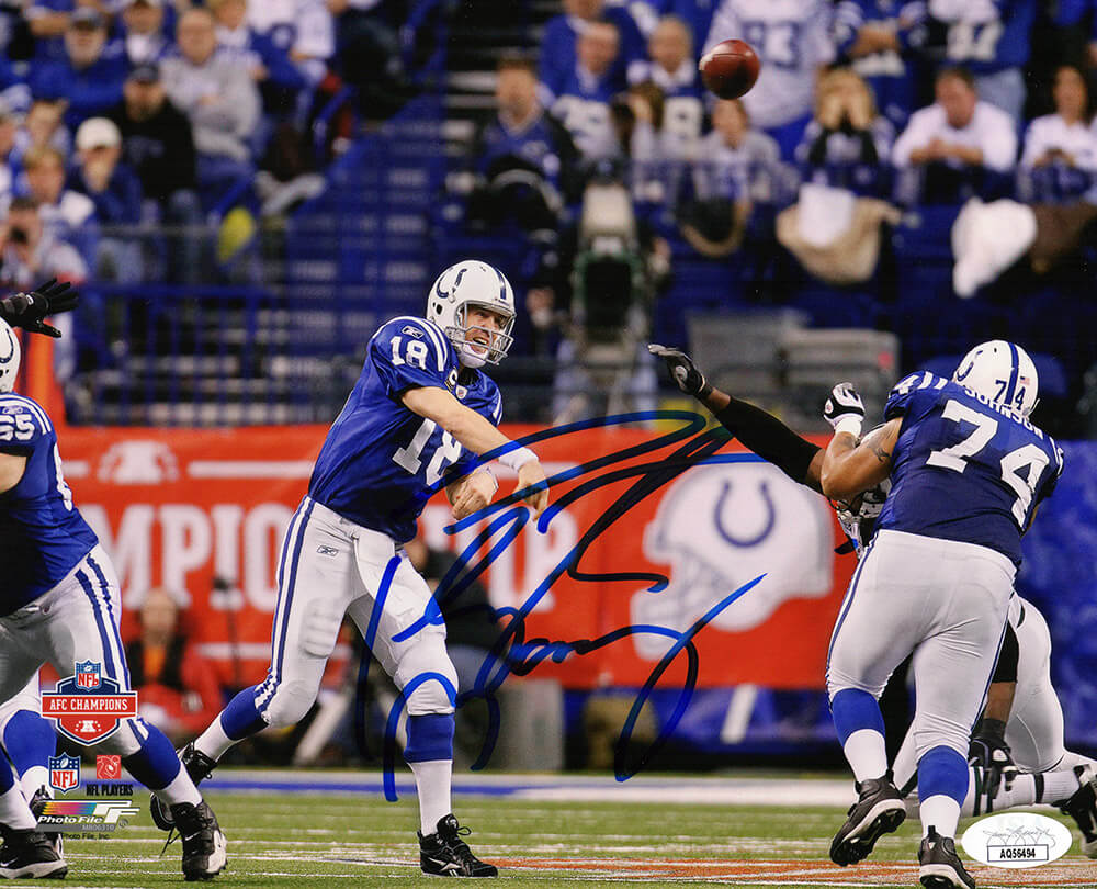 Peyton Manning Signed Indianapolis Colts Blue Jersey Passing Action 8x10 Photo- (JSA) - MAN08P318 - Peyton Manning Signed Indianapolis Colts Blue Jersey Passing Action 8x10 Photo- (JSA) product image