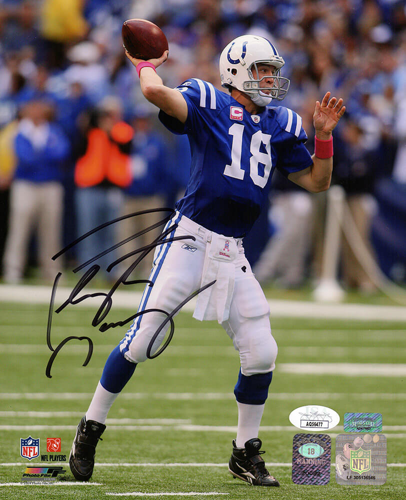 Peyton Manning Signed Indianapolis Colts Blue Jersey Alone With Football 8x10 Photo- (JSA) - MAN08P319 - Peyton Manning Signed Indianapolis Colts Blue Jersey Alone With Football 8x10 Photo- (JSA) product image