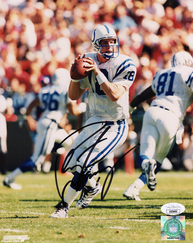 Peyton Manning Signed Indianapolis Colts White Jersey Dropback Action 8x10 Photo- (JSA) - MAN08P322 - Peyton Manning Signed Indianapolis Colts White Jersey Dropback Action 8x10 Photo- (JSA) product image
