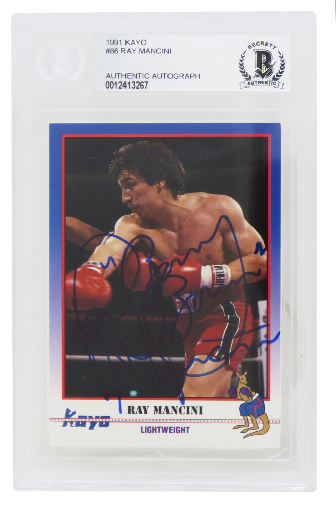 Ray Mancini Signed 1991 Kayo Boxing Card #86 w/Boom Boom - (Beckett Encapsulated) - MANCAR501 - Ray Mancini Signed 1991 Kayo Boxing Card #86 w/Boom Boom - (Beckett Encapsulated) product image