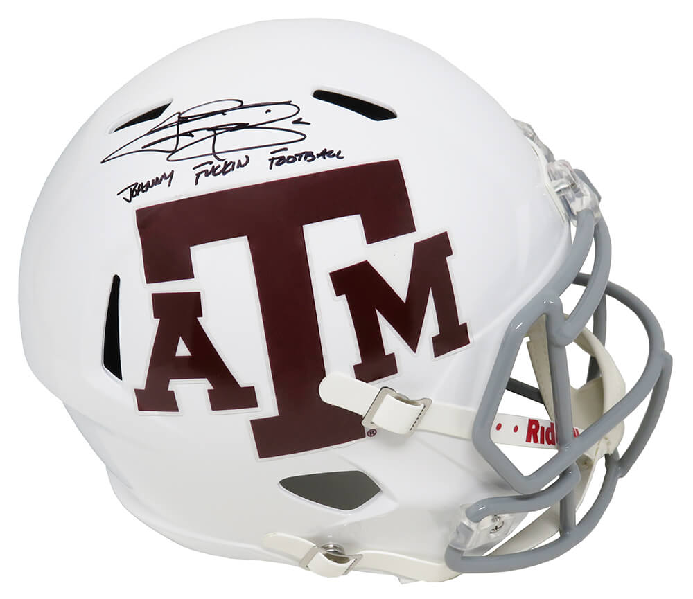 Johnny Manziel Signed Texas A&M White Riddell Full Size Speed Replica Helmet w/Johnny F*^ckin Football - MANREP321 - Johnny Manziel Signed Texas A&M White Riddell Full Size Speed Replica Helmet w/Johnny F*^ckin Football product image