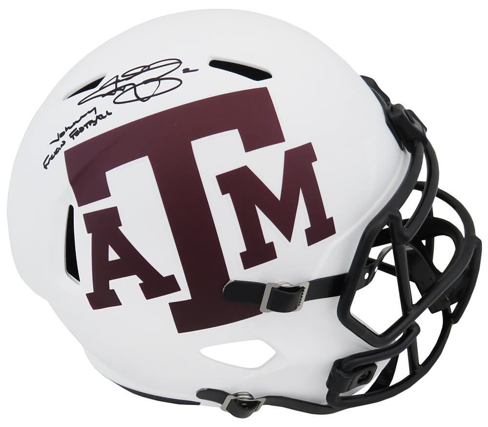 Johnny Manziel Signed Texas A&M Lunar Eclipse White Matte Riddell Full Size Speed Replica Helmet w/Johnny F*^ckin Football - MANREP325 - Johnny Manziel Signed Texas A&M Lunar Eclipse White Matte Riddell Full Size Speed Replica Helmet w/Johnny F*^ckin Football product image