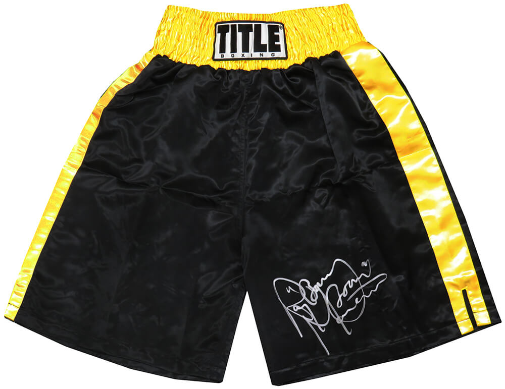 Ray Mancini Signed Title Black With Gold Waist Boxing Trunks w/Boom Boom - MANTRU501 - Ray Mancini Signed Title Black With Gold Waist Boxing Trunks w/Boom Boom product image
