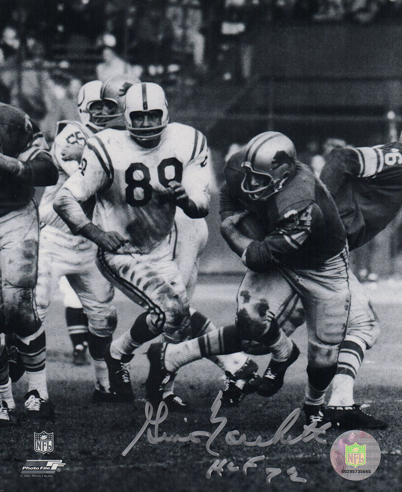 Gino Marchetti Signed Colts B&W White Jersey Action vs Lions 8x10 Photo w/HOF'72 - MAR08P346TW - Gino Marchetti Signed Colts B&W White Jersey Action vs Lions 8x10 Photo w/HOF'72 product image