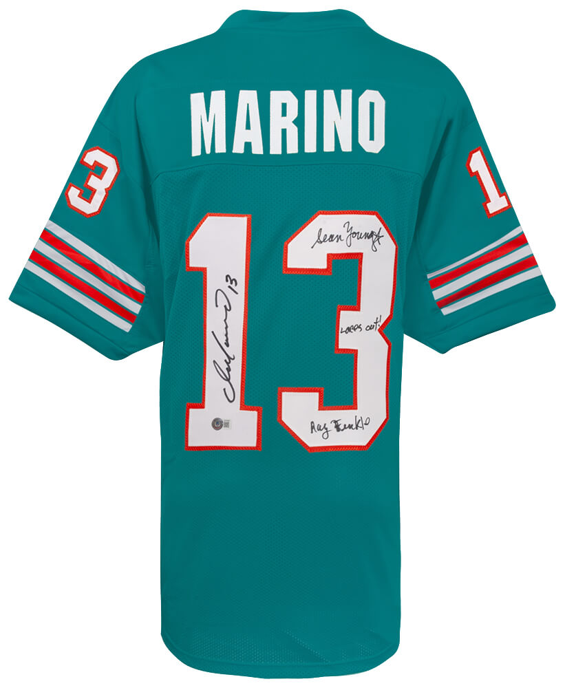 Dan Marino & Sean Young Dual Signed Teal Custom Football Jersey w/Ray Finkle, Laces Out Dan - MARJRY345 - Dan Marino & Sean Young Dual Signed Teal Custom Football Jersey w/Ray Finkle, Laces Out Dan product image