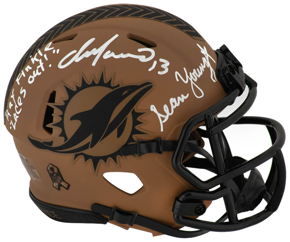 Dan Marino & Sean Young Signed Miami Dolphins Salute Riddell Speed Mini Helmet w/Ray Finkle, Laces Out Dan - MARMIN374 - Dan Marino & Sean Young Signed Miami Dolphins Salute Riddell Speed Mini Helmet w/Ray Finkle, Laces Out Dan product image