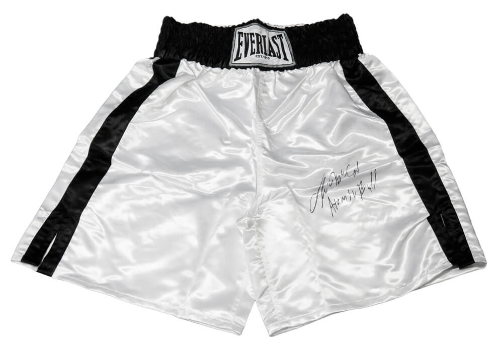 Oliver McCall Signed Everlast White Boxing Trunks w/Atomic Bull - MCCTRU500 - Oliver McCall Signed Everlast White Boxing Trunks w/Atomic Bull product image