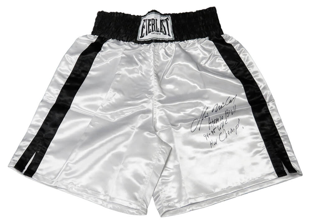 Oliver McCall Signed Everlast White Boxing Trunks w/Atomic Bull, 94-95 WBC HW Champ - MCCTRU501 - Oliver McCall Signed Everlast White Boxing Trunks w/Atomic Bull, 94-95 WBC HW Champ product image