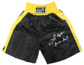 Oliver McCall Signed Title Black With Gold Trim Boxing Trunks w/Atomic Bull - MCCTRU502 - Oliver McCall Signed Title Black With Gold Trim Boxing Trunks w/Atomic Bull product image