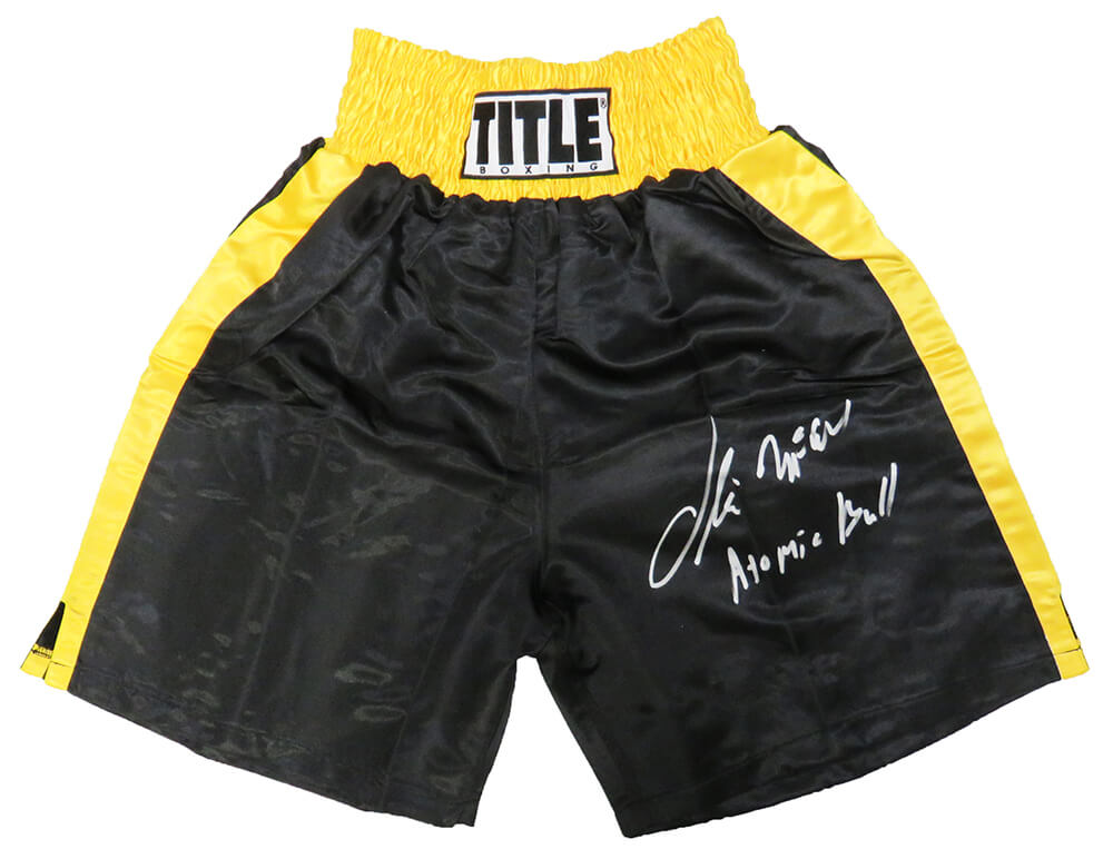 Oliver McCall Signed Title Black With Gold Trim Boxing Trunks w/Atomic Bull - MCCTRU502 - Oliver McCall Signed Title Black With Gold Trim Boxing Trunks w/Atomic Bull product image