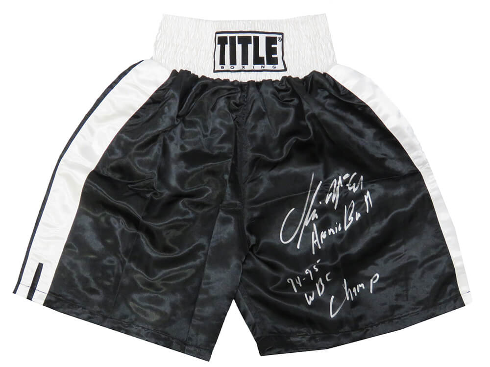 Oliver McCall Signed Title Black With White Trim Boxing Trunks w/Atomic Bull, 94-95 WBC Champ - MCCTRU503 - Oliver McCall Signed Title Black With White Trim Boxing Trunks w/Atomic Bull, 94-95 WBC Champ product image