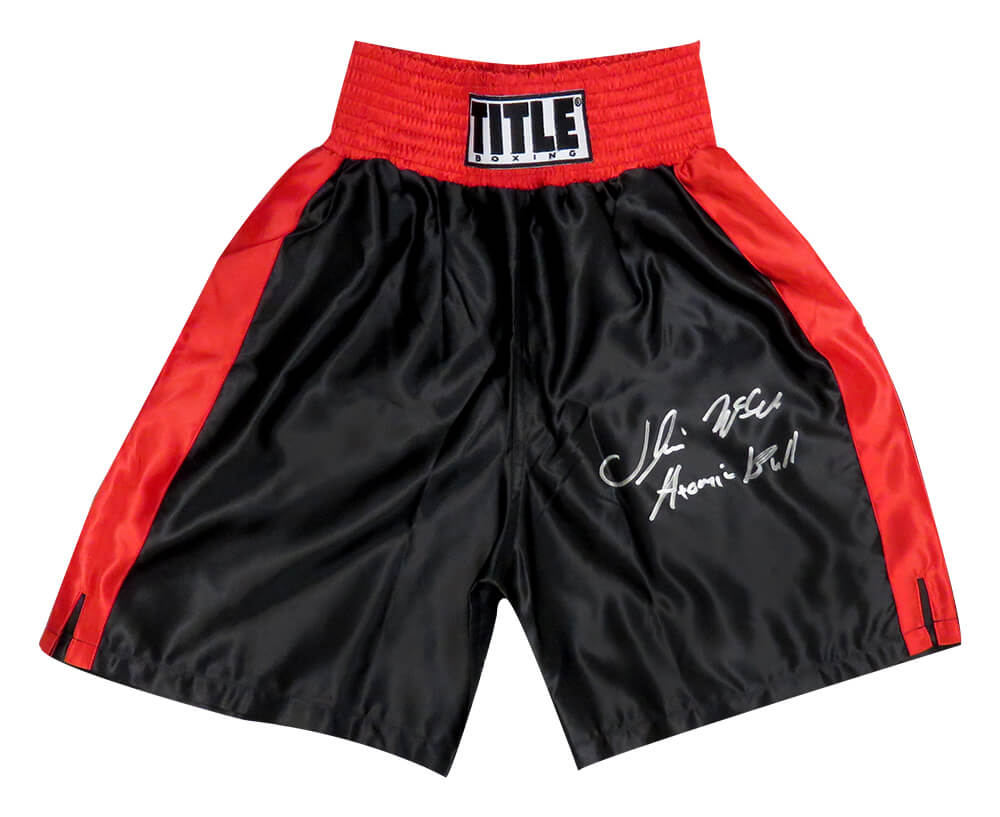 Oliver McCall Signed Title Black With Red Trim Boxing Trunks w/Atomic Bull - MCCTRU504 - Oliver McCall Signed Title Black With Red Trim Boxing Trunks w/Atomic Bull product image