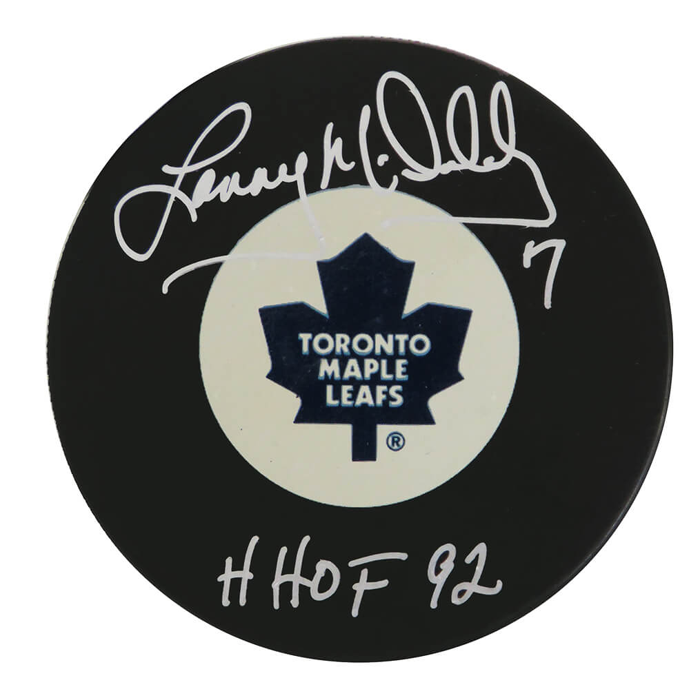 Lanny McDonald Signed Toronto Maple Leafs Logo Hockey Puck w/HHOF'92 - MCDPUC411 - Lanny McDonald Signed Toronto Maple Leafs Logo Hockey Puck w/HHOF'92 product image