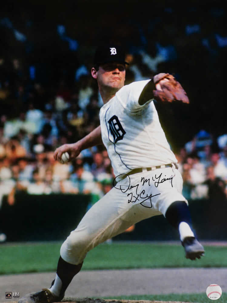 Denny McLain Signed Detroit Tigers White Jersey Pitching Action 16x20 Photo with 2x CY - MCL16P103 - Denny McLain Signed Detroit Tigers White Jersey Pitching Action 16x20 w/2x CY product image