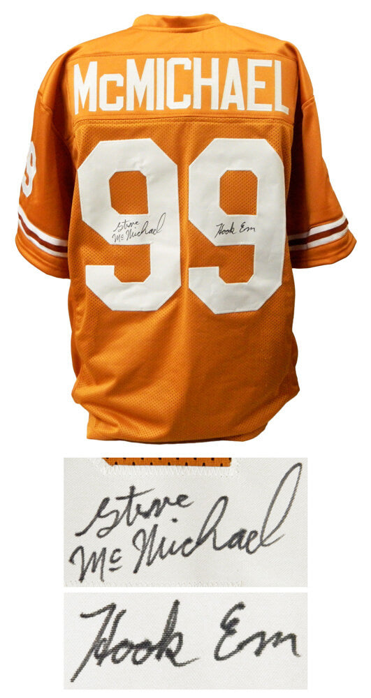 Steve McMichael Signed Orange Custom Throwback Football Jersey w/Hook 'Em - MCMJRY313 - Steve McMichael Signed Orange Custom Throwback Football Jersey w/Hook 'Em product image