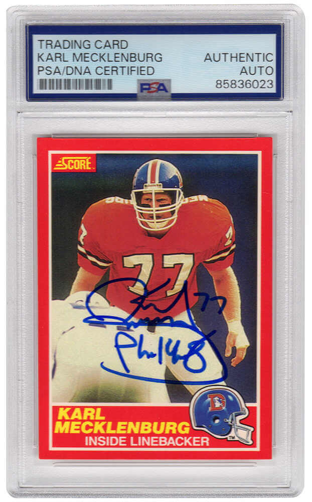 Karl Mecklenburg Signed Denver Broncos 1989 Score Football Trading Card #174 - (PSA Encapsulated) - MECCAR300 - Karl Mecklenburg Signed Denver Broncos 1989 Score Football Trading Card #174 - (PSA Encapsulated) product image