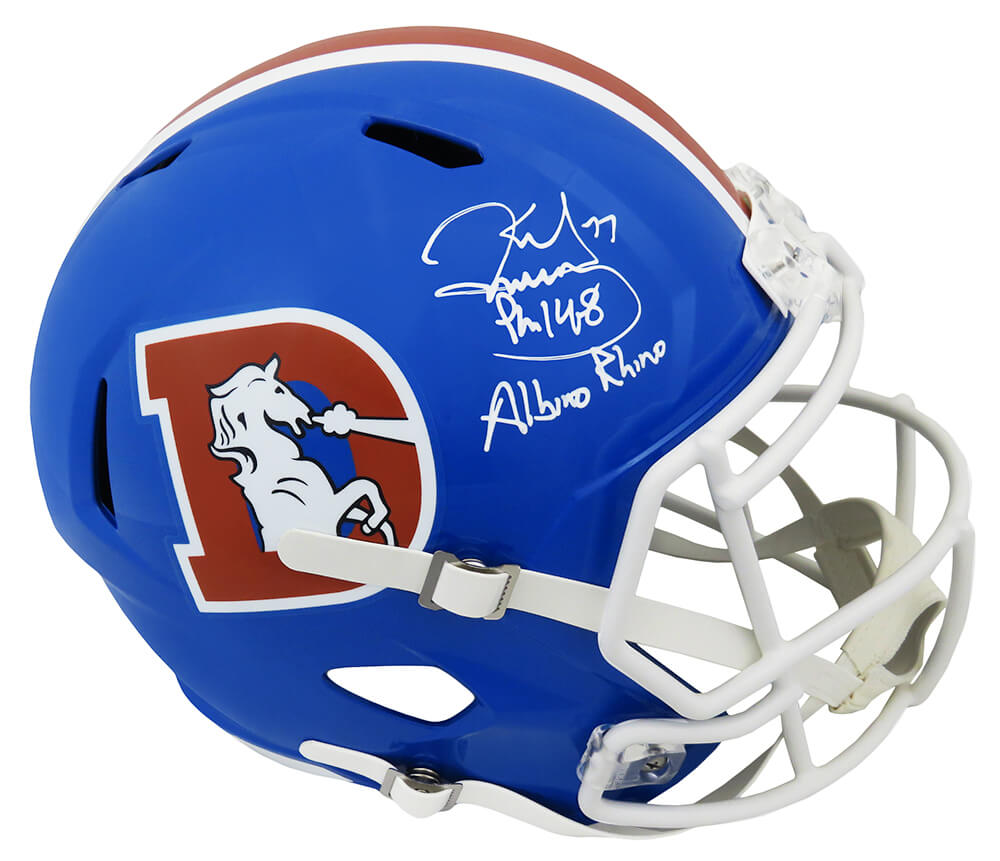 Karl Mecklenburg Signed Denver Broncos Throwback Riddell Full Size Speed Replica Helmet w/Albino Rhino - MECREP300 - Karl Mecklenburg Signed Denver Broncos Throwback Riddell Full Size Speed Replica Helmet w/Albino Rhino product image