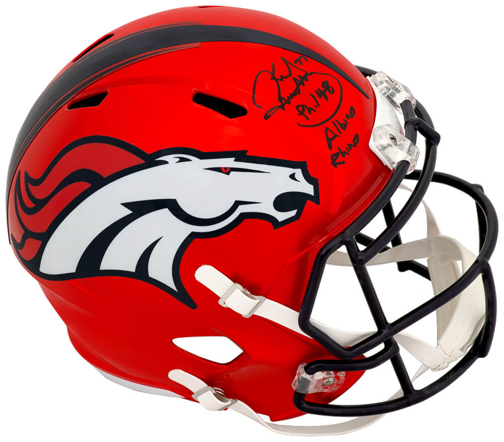 Karl Mecklenburg Signed Denver Broncos FLASH Riddell Full Size Speed Replica Helmet w/Albino Rhino - MECREP301 - Karl Mecklenburg Signed Denver Broncos FLASH Riddell Full Size Speed Replica Helmet w/Albino Rhino product image