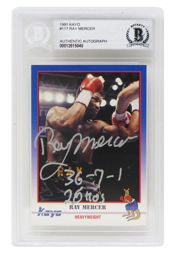 Ray Mercer Signed 1991 Kayo Boxing Trading Card #117 w/36-7-1, 26 KO's - (Beckett Encapsulated) - MERCAR507 - Ray Mercer Signed 1991 Kayo Boxing Trading Card #117 w/36-7-1, 26 KO's - (Beckett Encapsulated) product image