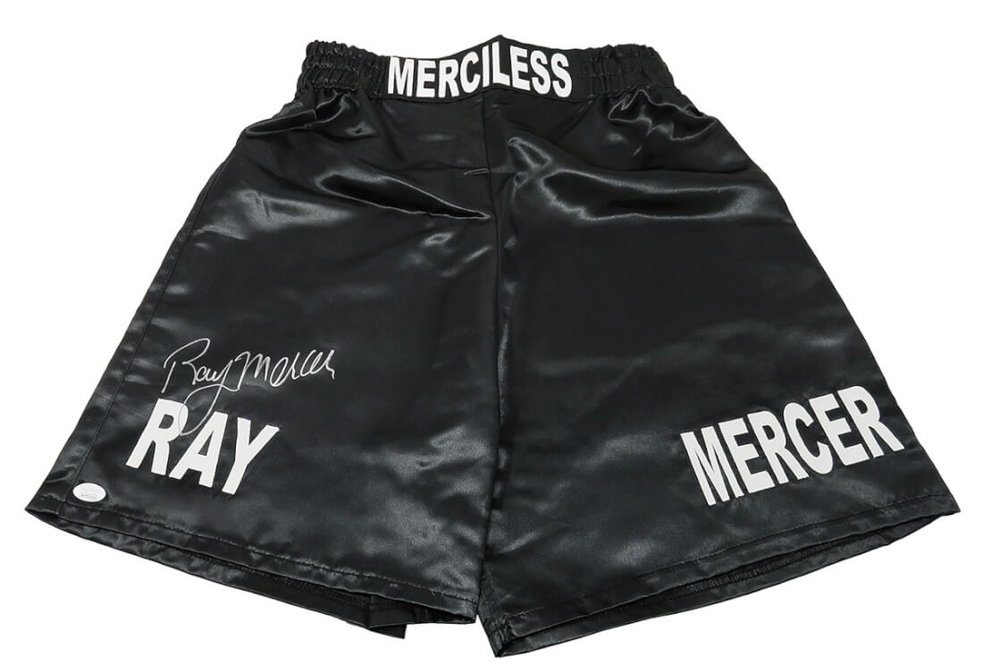 Ray Mercer Signed Black 'Merciless' Boxing Trunks (JSA) - MERTRU502 - Ray Mercer Signed Black 'Merciless' Boxing Trunks (JSA) product image