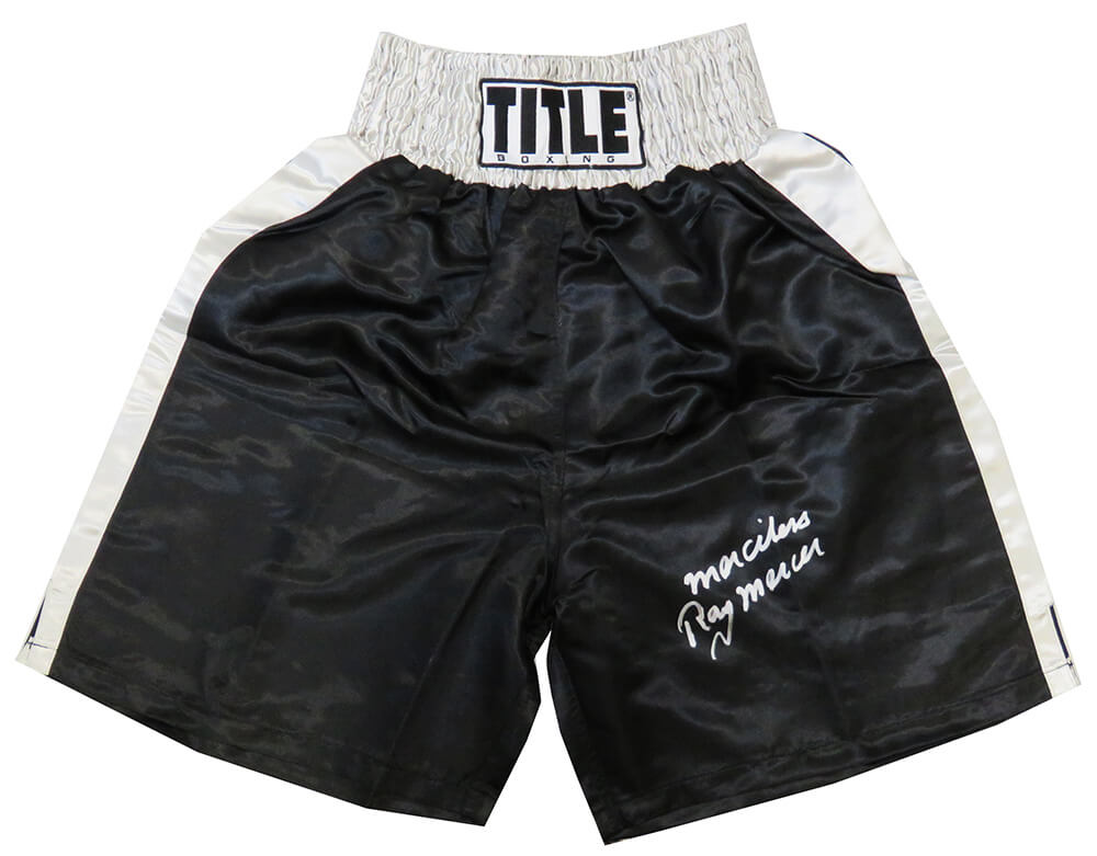 Ray Mercer Signed Title Black With Silver Waist Boxing Trunks w/Merciless - MERTRU503 - Ray Mercer Signed Title Black With Silver Waist Boxing Trunks w/Merciless product image