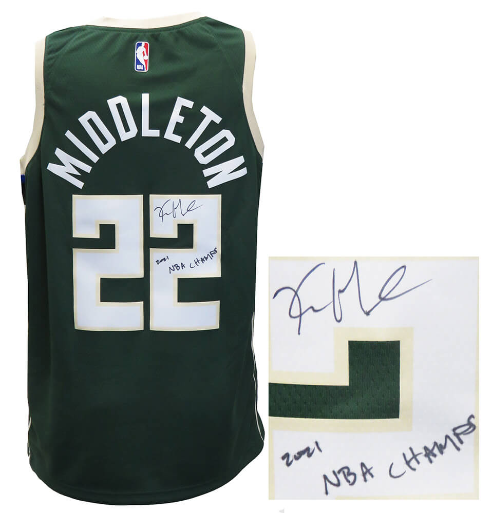 Khris Middleton Signed Milwaukee Bucks Green Nike Basketball Jersey w/2021 NBA Champs - MIDJRY201 - Khris Middleton Signed Milwaukee Bucks Green Nike Basketball Jersey w/2021 NBA Champs product image