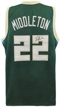 Khris Middleton Signed Green With Lite Gold Trim Custom Basketball Jersey - MIDJRY202 - Khris Middleton Signed Green With Lite Gold Trim Custom Basketball Jersey product image