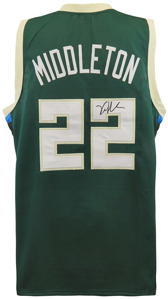 Khris Middleton Signed Green With Lite Gold Trim Custom Basketball Jersey - MIDJRY202 - Khris Middleton Signed Green With Lite Gold Trim Custom Basketball Jersey product image