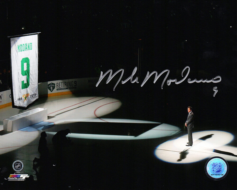 Mike Modano Signed Dallas Stars Retired Number Banner Raising Ceremony 8x10 Photo - MOD08P407 - Mike Modano Signed Dallas Stars Retired Number Banner Raising Ceremony 8x10 Photo product image