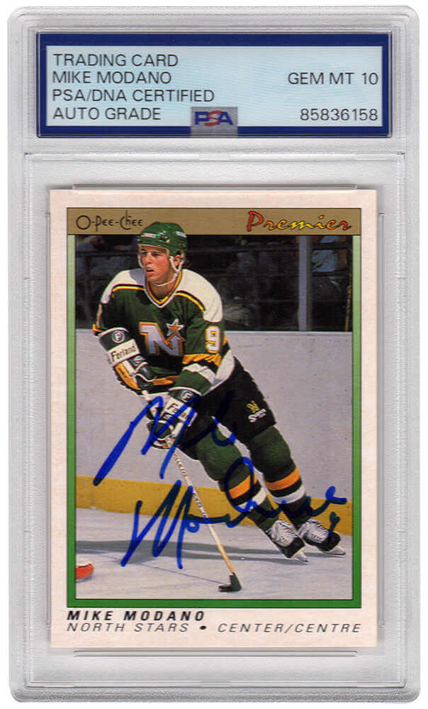 Mike Modano Signed North Stars 1990-91 O-Pee-Chee Premier Hockey Rookie Card #74 - (PSA Encapsulated - Auto Grade 10) - MODCAR404 - Mike Modano Signed North Stars 1990-91 O-Pee-Chee Premier Hockey Rookie Card #74 - (PSA Encapsulated - Auto Grade 10) product image