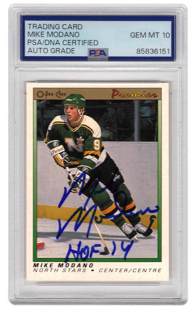 Mike Modano Signed North Stars 1990-91 O-Pee-Chee Premier Hockey Rookie Card #74 w/HOF'14 - (PSA Encapsulated - Auto Grade 10) - MODCAR405 - Mike Modano Signed North Stars 1990-91 O-Pee-Chee Premier Hockey Rookie Card #74 w/HOF'14 - (PSA Encapsulated - Auto Grade 10) product image
