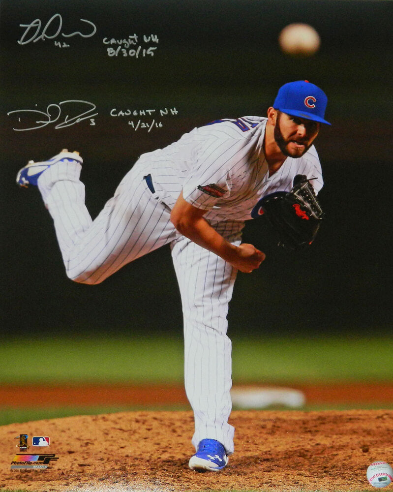 Miguel Montero & David Ross Dual Signed Chicago Cubs Jake Arrieta Action 16x20 Photo w/Caught NH Dates - MON16P110 - Miguel Montero & David Ross Dual Signed Chicago Cubs Jake Arrieta Action 16x20 Photo w/Caught NH Dates product image