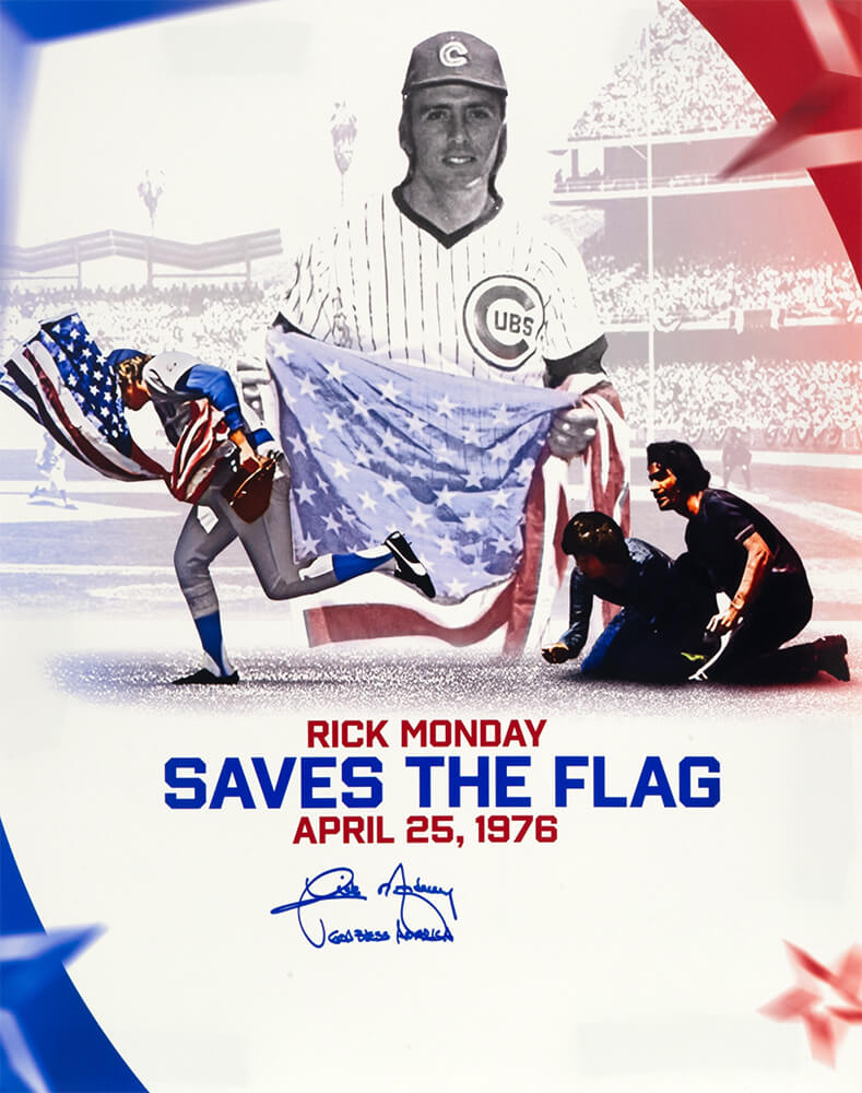 Rick Monday Signed Chicago Cubs Save American Flag Collage 16x20 Photo w/God Bless America - MON16P132 - Rick Monday Signed Chicago Cubs Save American Flag Collage 16x20 Photo w/God Bless America product image