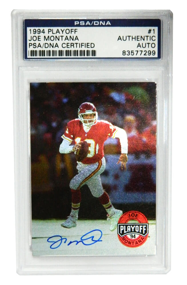 Joe Montana Signed Kansas City Chiefs 1994 Playoff Trading Card #1 - (PSA Encapsulated) - MONCAR301 - Joe Montana Signed Kansas City Chiefs 1994 Playoff Trading Card #1 - (PSA Encapsulated) product image