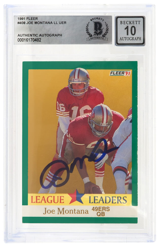 Joe Montana Signed 49ers 1991 Fleer Football Trading Card #408 - (Beckett Encapsulated/ Auto Grade 10) - MONCAR303 - Joe Montana Signed 49ers 1991 Fleer Football Trading Card #408 - (Beckett Encapsulated/ Auto Grade 10) product image