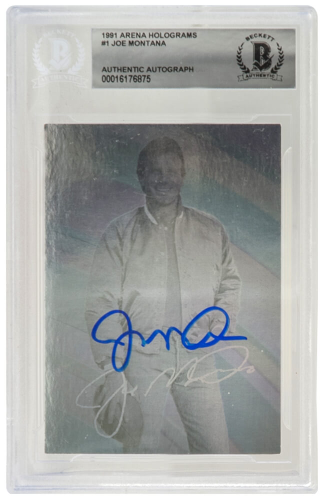 Joe Montana Signed 49ers 1991 Arena Hologram Football Trading Card #1  - (Beckett Encapsulated) - MONCAR304 - Joe Montana Signed 49ers 1991 Arena Hologram Football Trading Card #1 - (Beckett Encapsulated) product image
