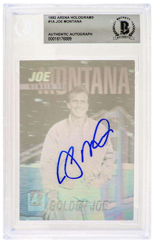 Joe Montana Signed 49ers 1992 Arena Hologram Football Trading Card #1A  - (Beckett Encapsulated) - MONCAR305 - Joe Montana Signed 49ers 1992 Arena Hologram Football Trading Card #1A - (Beckett Encapsulated) product image