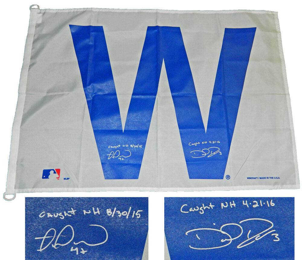 Miguel Montero & David Ross Dual Signed Chicago Cubs 27x37 White W Flag w/No Hitter Dates - MONFLG110 - Miguel Montero & David Ross Dual Signed Chicago Cubs 27x37 White W Flag w/No Hitter Dates product image