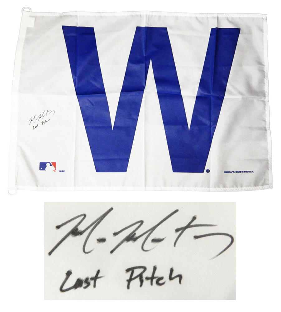 Mike Montgomery Signed Chicago Cubs 27x37 White W Flag w/Last Pitch - MONFLG121 - Mike Montgomery Signed Chicago Cubs 27x37 White W Flag w/Last Pitch product image