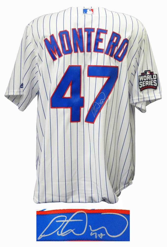 Miguel Montero Signed Chicago Cubs White Pinstripe 2016 World Series Patch Jersey - MONJRY104 - Miguel Montero Signed Chicago Cubs White Pinstripe 2016 World Series Patch Jersey product image