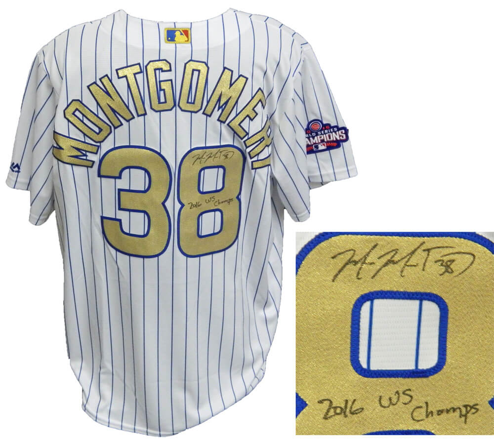 Mike Montgomery Signed Chicago Cubs White Pinstripe Gold World Series Champs Majestic Jersey w/2016 WS Champs - MONJRY122 - Mike Montgomery Signed Chicago Cubs White Pinstripe Gold World Series Champs Majestic Jersey w/2016 WS Champs product image