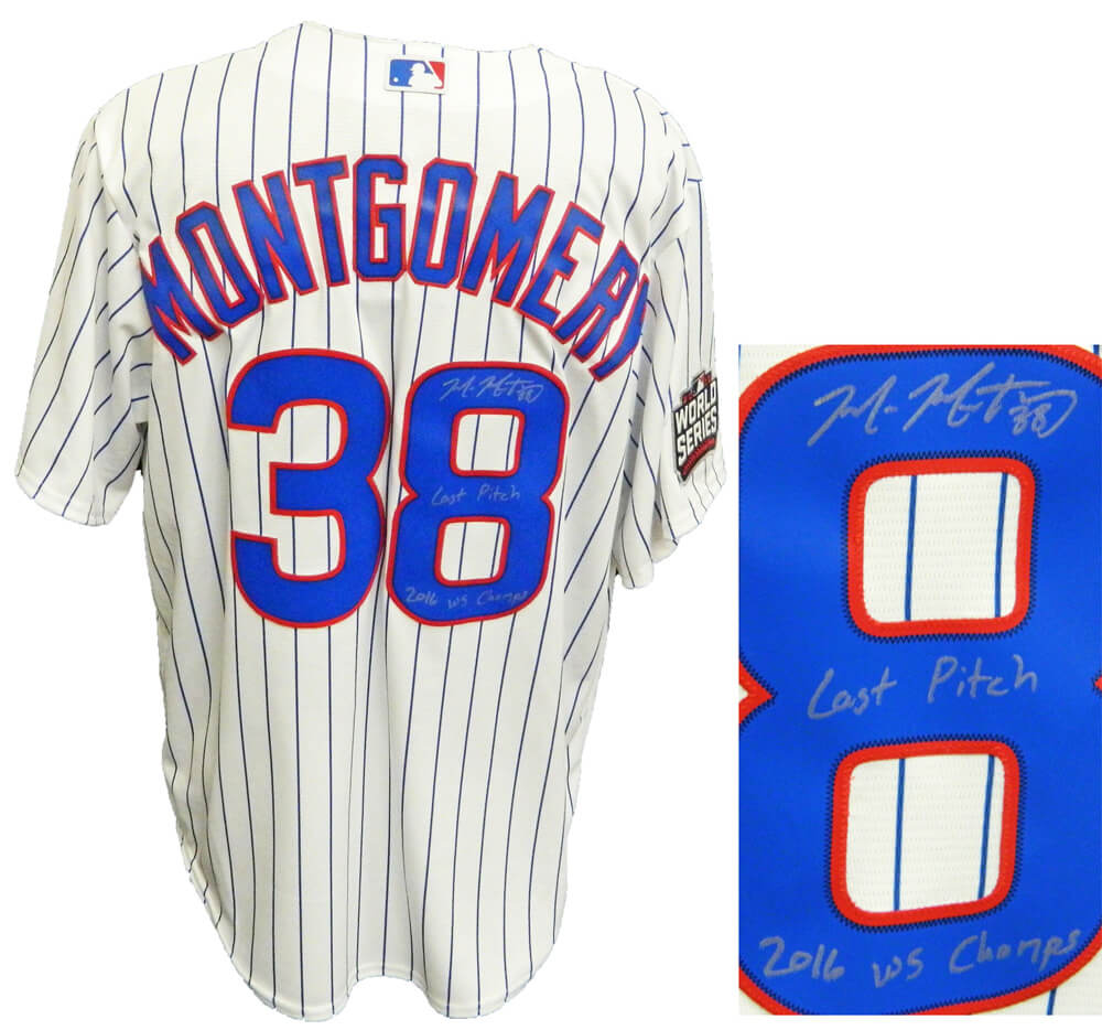 Mike Montgomery Signed Chicago Cubs White Pinstripe 2016 World Series Patch Majestic Jersey w/Last Pitch, 16 WS Champs - MONJRY123 - Mike Montgomery Signed Chicago Cubs White Pinstripe 2016 World Series Patch Majestic Jersey w/Last Pitch, 16 WS Champs product image