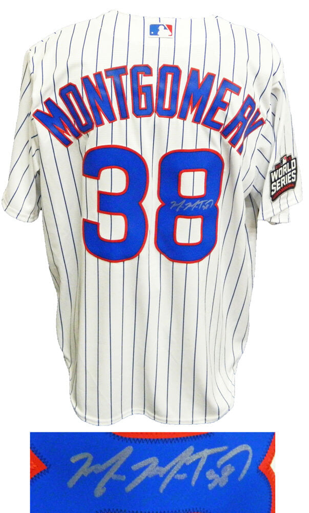 Mike Montgomery Signed Chicago Cubs White Pinstripe 2016 World Series Patch Majestic Jersey - MONJRY124 - Mike Montgomery Signed Chicago Cubs White Pinstripe 2016 World Series Patch Majestic Jersey product image