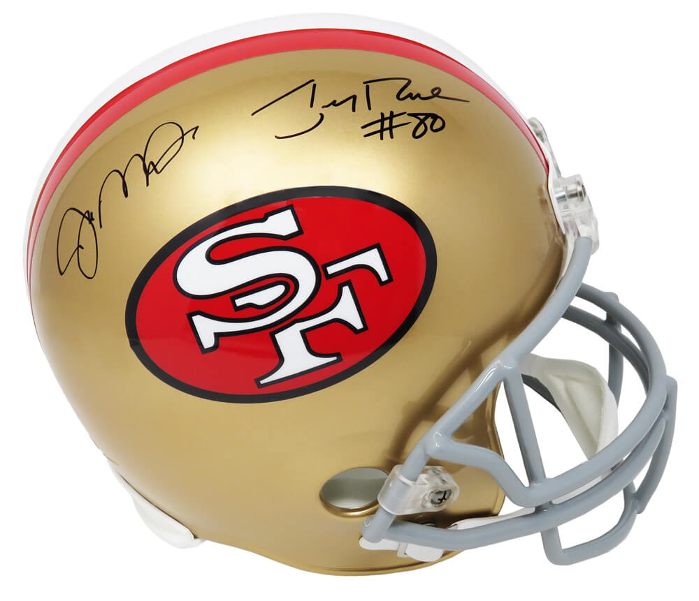 Joe Montana & Jerry Rice Dual Signed San Francisco 49ers Throwback Riddell Full Size Replica Helmet - MONREP320 - Joe Montana & Jerry Rice Dual Signed San Francisco 49ers Throwback Riddell Full Size Replica Helmet product image