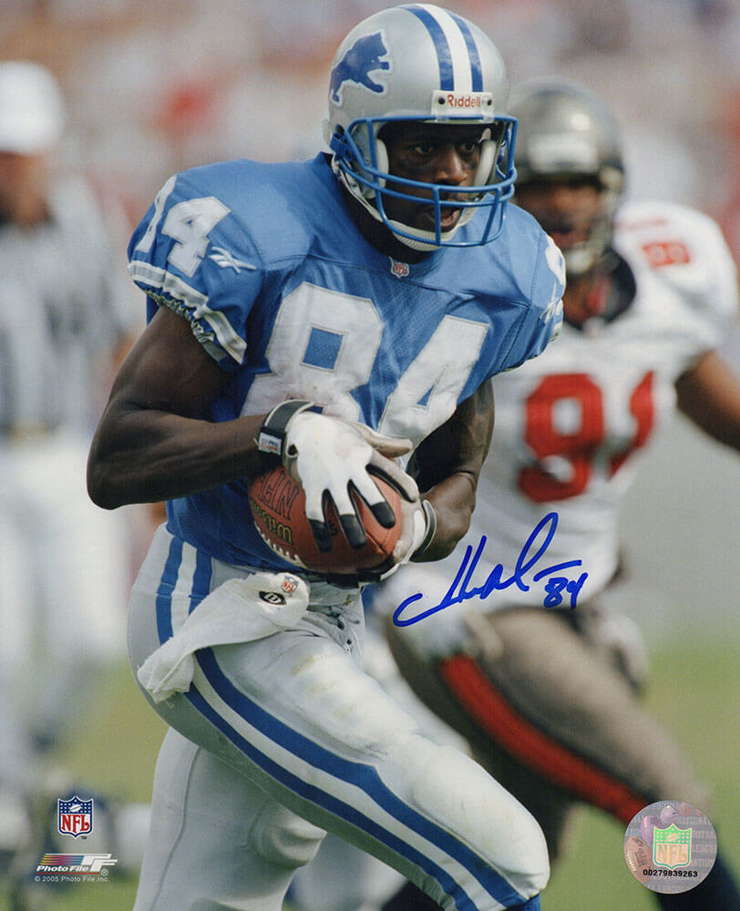Herman Moore Signed Detroit Lions Blue Jersey Close Up Action 8x10 Photo - MOO08P332 - Herman Moore Signed Detroit Lions Blue Jersey Close Up Action 8x10 Photo product image