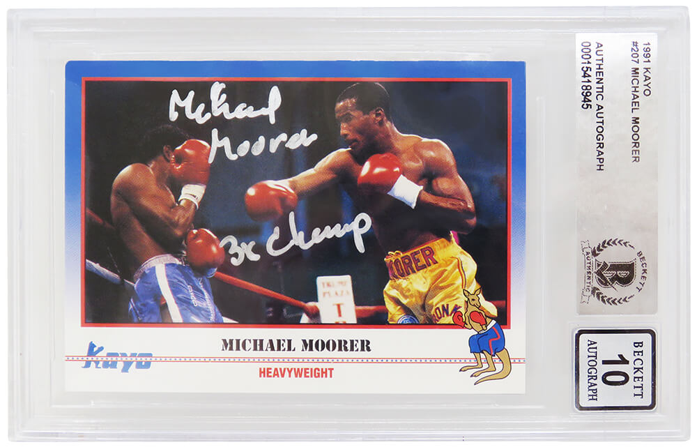 Michael Moorer Signed 1991 Kayo Boxing Trading Card #207 w/3x Champ - (Beckett - Auto Grade 10) - MOOCAR510 - Michael Moorer Signed 1991 Kayo Boxing Trading Card #207 w/3x Champ - (Beckett - Auto Grade 10) product image
