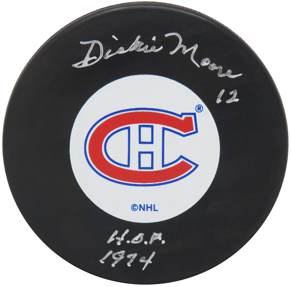 Dickie Moore Signed Montreal Canadiens Logo Hockey Puck w/HHOF 1974 - MOOPUC400 - Dickie Moore Signed Montreal Canadiens Logo Hockey Puck w/HHOF 1974 product image