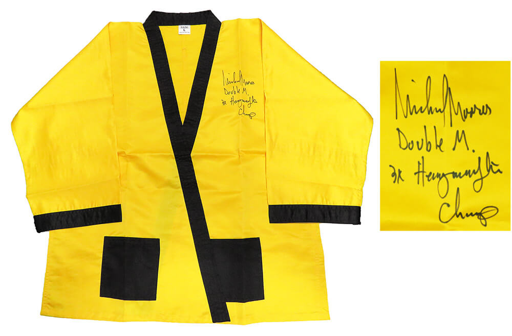 Michael Moorer Signed Everlast Yellow Boxing Robe w/Double M, 3x Heavyweight Champ - MOOROB500 - Michael Moorer Signed Everlast Yellow Boxing Robe w/Double M, 3x Heavyweight Champ product image
