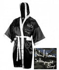 Michael Moorer Signed Title Black Full Length Boxing Robe w/3x Heavyweight Champ - MOOROB502 - Michael Moorer Signed Title Black Full Length Boxing Robe w/3x Heavyweight Champ product image